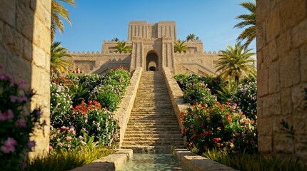 Obraz premium Ancient Mesopotamian Sumerian ziggurat temple with a grand staircase and lush blooming gardens