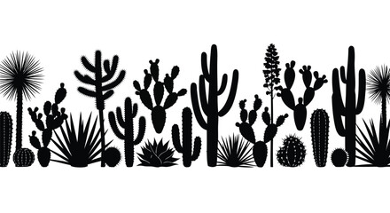 Black silhouettes of various cacti and succulents © Minal