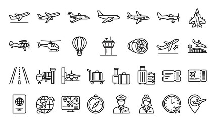 Fototapeta premium Airplane Outline Icons Set – 30 Linear Aviation and Aircraft Vector Symbols Collection