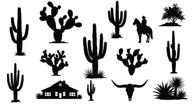 Black silhouettes of cacti, house, bull, and cowboy on horse