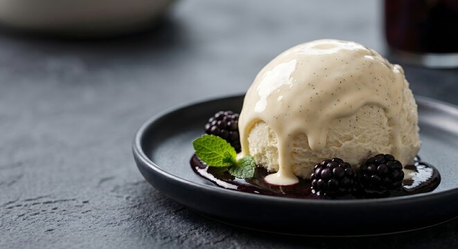 Vanilla ice cream scoop with berry sauce and fresh blackberries