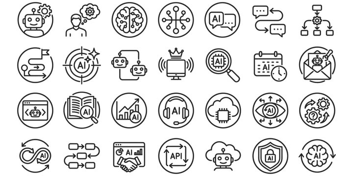 Artificial intelligence and machine learning icon set with robot, brain, data, chat, cloud.