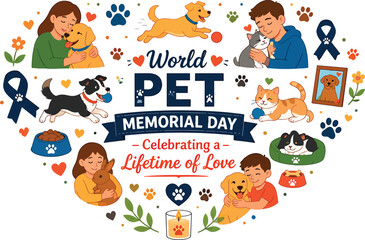 Fototapeta premium World Pet Memorial Day flat vector illustration featuring a framed pet portrait surrounded by flowers, hearts, paw prints, candles, angel wings, and remembrance symbols