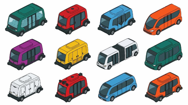 Collection of isometric futuristic autonomous shuttle buses in various colors.
