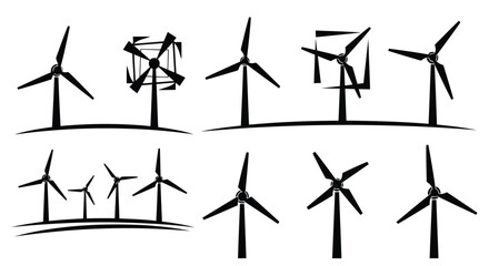 Black wind turbines on white background © Minal