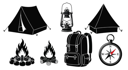 Camping icons set with tent, backpack, compass, and campfire © Minal