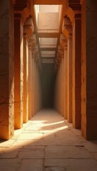 Fototapeta premium Sunlit stone corridor with pillars and ceiling openings. Ancient architecture perspective leads into dark unknown mystery. Sunlight beams fall on floor.