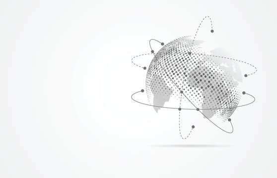 Abstract grey halftone planet earth globe with orbital network connections on white background for global communication and technology concept.