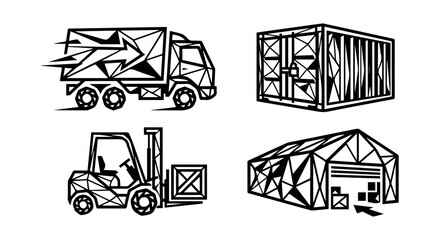 Fototapeta premium Geometric Logistics Icons: Truck, Container, Forklift, Warehouse, Delivery, Shipping, Storage