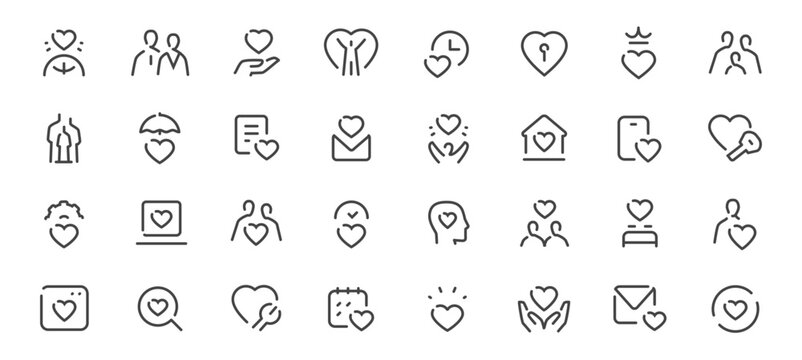 Love and Relationship Line Icons Set with Care, Support and Heart Symbols