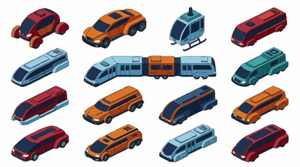 Collection of futuristic transportation vehicles including cars, trains, and helicopters in isometric view. © Ridwan