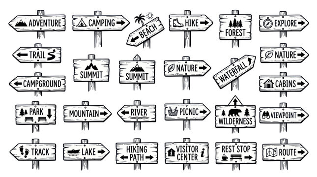 Hand-drawn Outdoor Adventure Signs: Camping, Hiking, Nature, Trails, Forest, Mountains