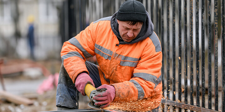 A construction worker in an orange jacket and black beanie operates an angle grinder, sparks flying as he works on metal