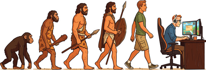 Humorous Human Evolution Vector Design From Ape to Caveman and Modern Office Worker or Gamer for Funny Conceptual Graphic Projects © Rumi