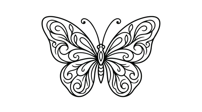 Ornate butterfly line art vector, decorative filigree insect illustration, black and white butterfly coloring page for adults, elegant floral wing design