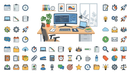 Fototapeta premium Modern workspace illustration and business icon set, professional office desk with computer and 60 flat icons, remote work and productivity vector collection isolated PNG with Transparent