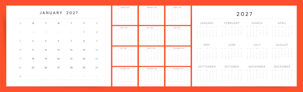 Clean 2027 calendar with Sunday start. Minimal wall planner 2027 with red blue accents and English monthly layout.