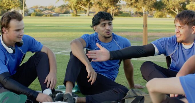 Sitting diverse male teammates wearing blue jerseys on cricket field, with wooden stumps, helmet