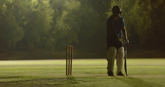 Incoming delivery facing man at stumps swinging bat losing grip retrieving bat walking away