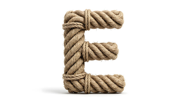 Letter E Crafted from Thick Braided Marine Cord Isolated on Pure White Background