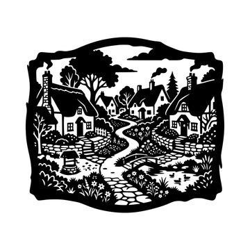 Papercut Style Illustration of an Idyllic Rural Village with Thatched Cottages