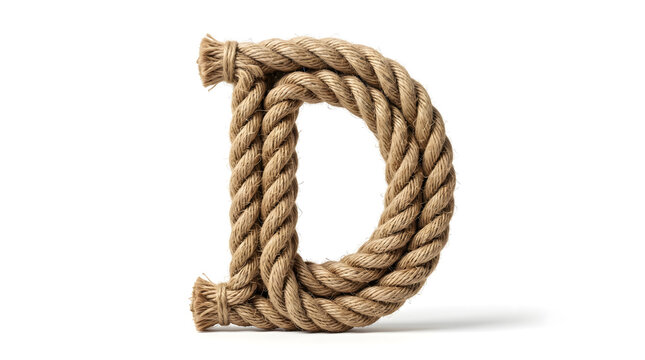 Letter D Made of Realistic Twisted Jute Rope Isolated on Clean White Background