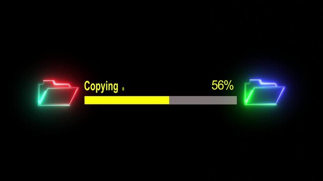 File transfer from neon line folder loading folder animation on background.