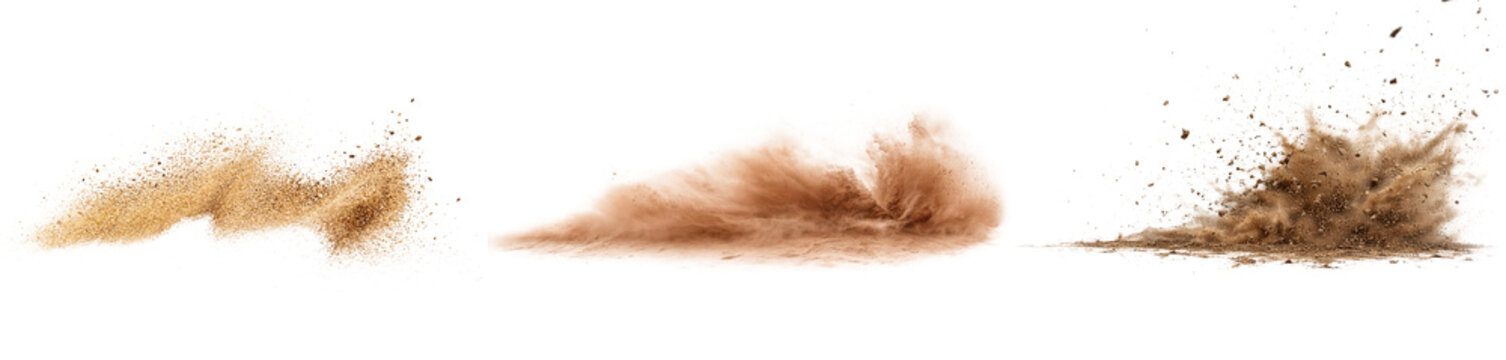 Dust cloud sequence with realistic sand storm and dirt explosion effects isolated on transparent background for environment design works.
