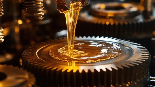 industrial machinery featuring a set of interconnected gears and shafts, with a prominent display of lubrication