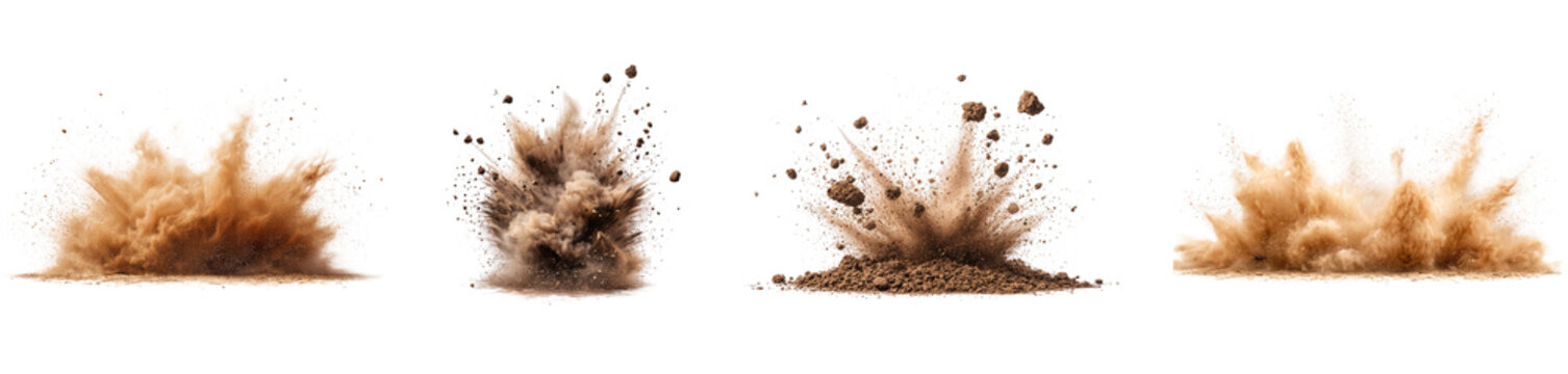 Soil explosion collection with realistic ground impact and sand dust clouds isolated on transparent background for demolition construction.