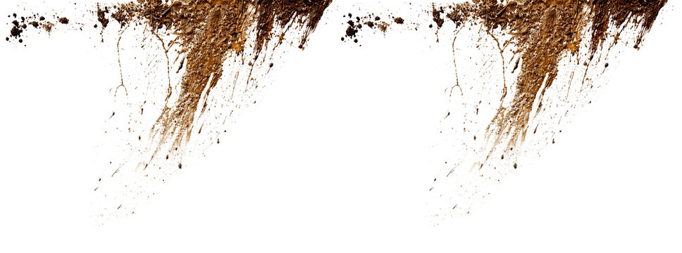 Splattered mud texture, organic earth drips, messy brown liquid splash, dirty organic matter, earthy background element, grungy wet substance, natural fluid splatter, soil spray pattern.