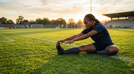 Naklejka premium Young African American Female Soccer Player Stretching on Grass Pitch During Golden Hour Sunset Training Session