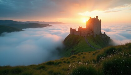 Fototapeta premium Castle on grassy hill above clouds at sunrise. Sun glows through mist. Mountains in background. Historic stone fortress overlooks valley mist. Peaceful morning landscape.