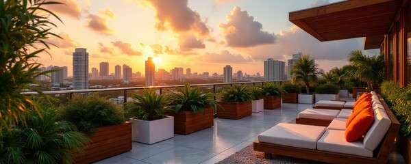 Obraz premium Rooftop terrace with lounge seating and potted plants overlooks Miami cityscape during sunset. Modern architecture and rich greenery offer a serene urban oasis. Enjoy city views and golden hour light.