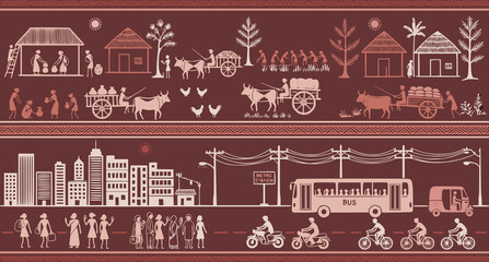 Naklejka premium A stylized illustration showing the contrast between traditional rural life with bullock carts and modern urban life with vehicles and skyscrapers in a flat, linear, artistic style