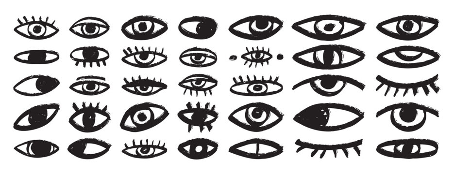 bizarre eyes hand drawn doodle brush set. Textured minimalistic grunge eyes rough collection 