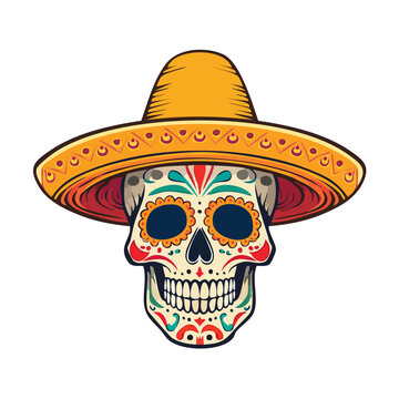 Festive Sugar Skull with Sombrero Illustration