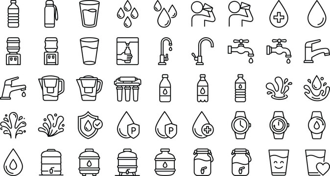 Drinking water hydration and purification vector icon collection featuring line art elements for clean dispenser filters and smart tracking