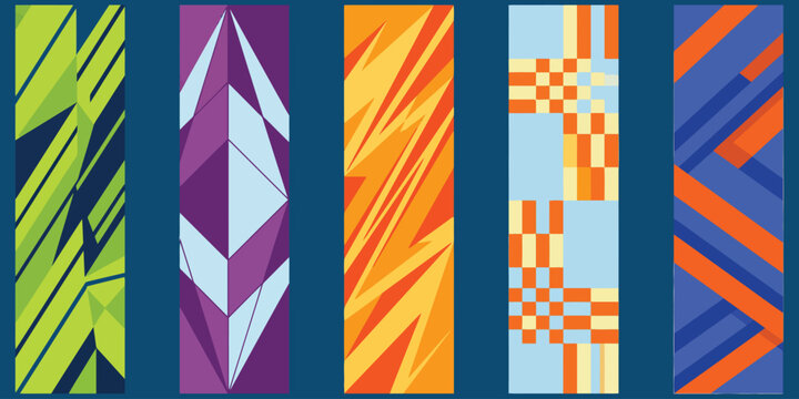 A vibrant digital abstract background featuring five vertical panels with distinct geometric patterns in bright colors including green purple orange blue and light blue hues