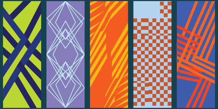 A vibrant digital art composition featuring five vertical panels with distinct geometric patterns including intersecting lines diamonds diagonal stripes checkerboard grids and colorful abstract shapes