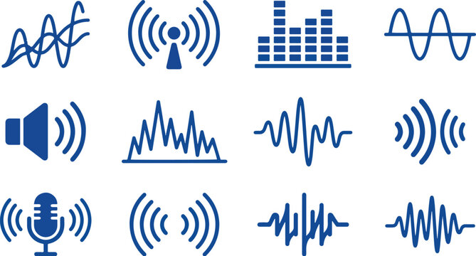 Sound waves and frequency graphs illustrate audio data and signal transmission through a set of technical visual patterns suitable for professional digital media and communication design layouts.
