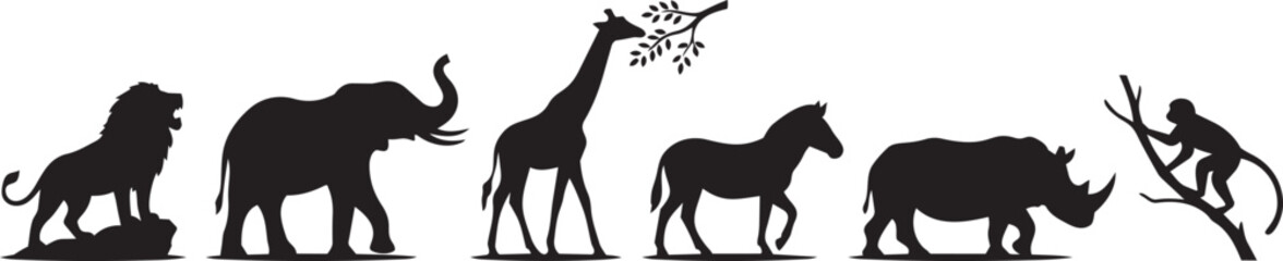 African safari animal silhouette collection featuring lion, elephant, giraffe, horse, rhinoceros and monkey isolated on white background © Shafikul