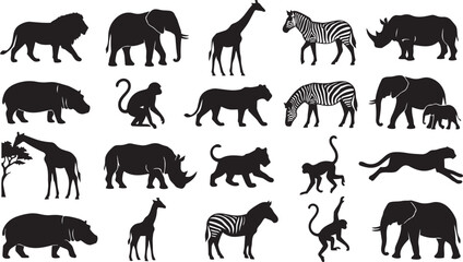 African safari animal silhouette vector set featuring lion, elephant, giraffe, zebra, rhinoceros and wildlife isolated on white background © Shafikul