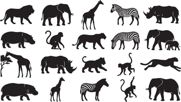 African safari animal silhouette vector set featuring lion, elephant, giraffe, zebra, rhinoceros and wildlife isolated on white background