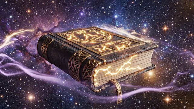 A mystical ancient book with glowing symbols and magical energy pulsates in the vastness of space. Perfect for fantasy, magic, or cosmic themes.