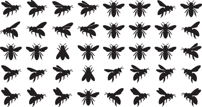 Bee silhouette vector set featuring flying honey bee poses isolated on white background for nature and insect design
