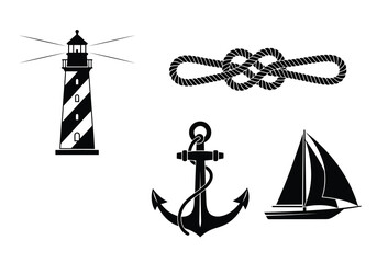 Nautical icons set with lighthouse anchor sailboat and rope © Jerin