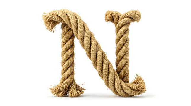 Letter N Made of Realistic Twisted Jute Rope Isolated on Clean White Background