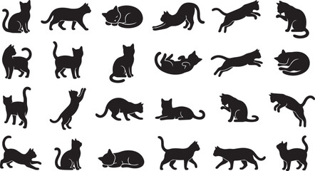 Cat silhouette vector set featuring walking, jumping, stretching, sitting and playful feline poses isolated on white background © Shafikul