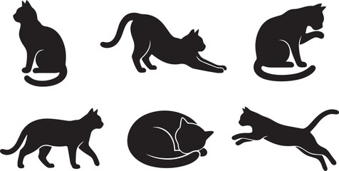 Cat silhouette collection featuring sitting, stretching, grooming, walking, sleeping and leaping feline poses isolated on white background © Shafikul